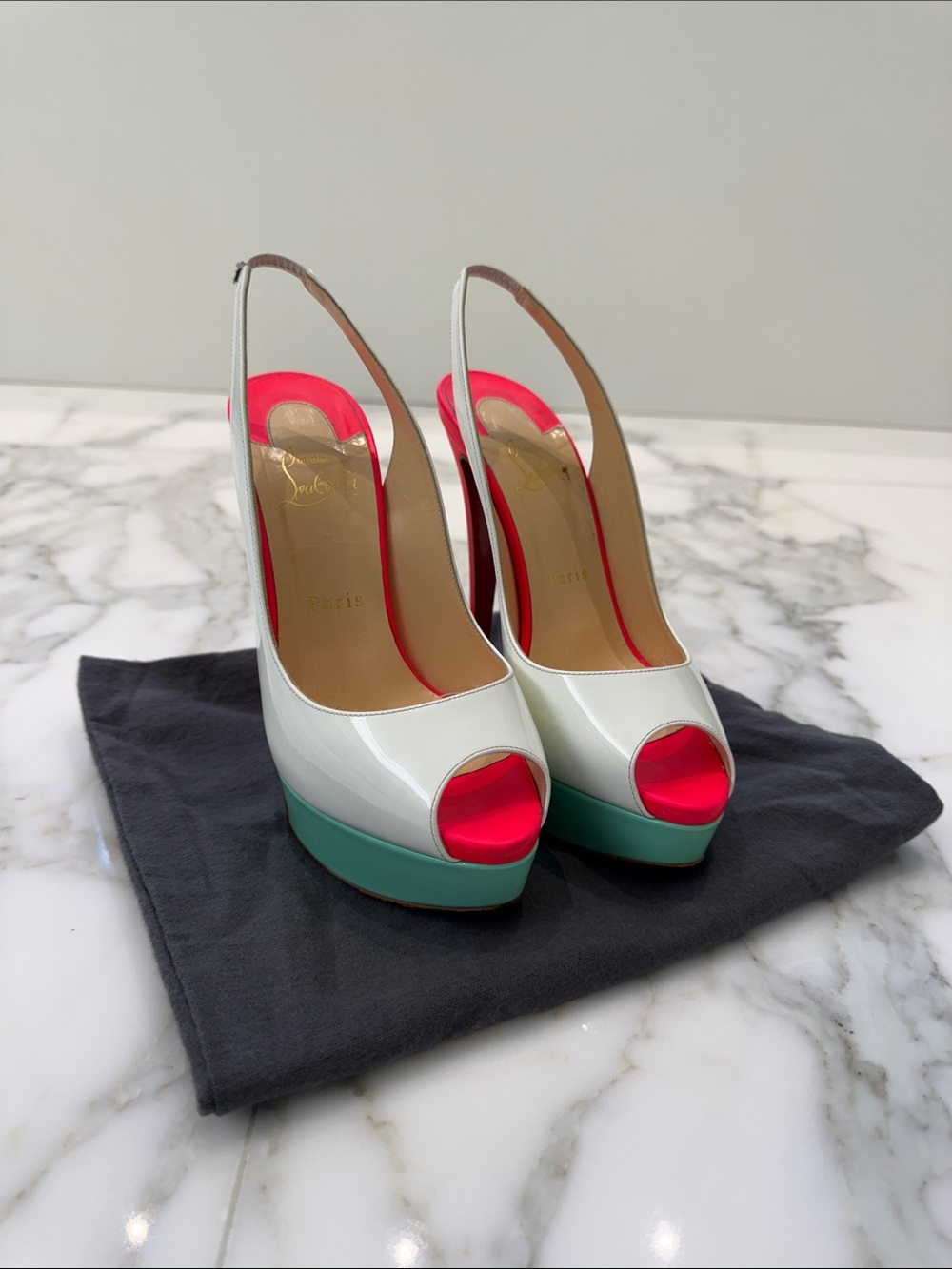 Christian Louboutin Lady Peep Sling 150 White Turquoise Pink Pumps